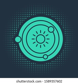 Green Solar system icon isolated on blue background. The planets revolve around the star. Abstract circle random dots. Vector Illustration