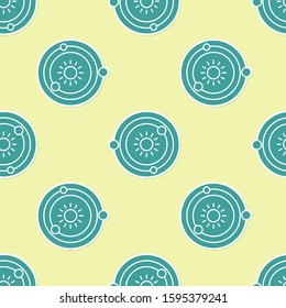 Green Solar system icon isolated seamless pattern on yellow background. The planets revolve around the star.  Vector Illustration