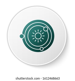 Green Solar system icon isolated on white background. The planets revolve around the star. White circle button. Vector Illustration