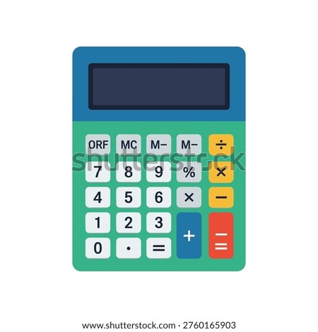 Green solar-powered calculator on white background for finance and eco-friendly business concept