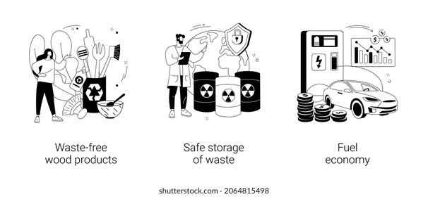 Green Solutions Abstract Concept Vector Illustration Set. Waste-free Wood Products, Safe Storage Of Waste, Fuel Economy, Zero Waste Products, Sorting And Recycling, Electric Car Abstract Metaphor.