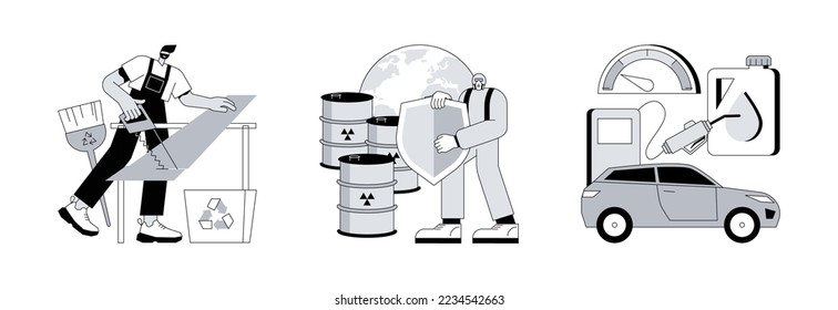 Green solutions abstract concept vector illustration set. Waste-free wood products, safe storage of waste, fuel economy, zero waste products, sorting and recycling, electric car abstract metaphor.