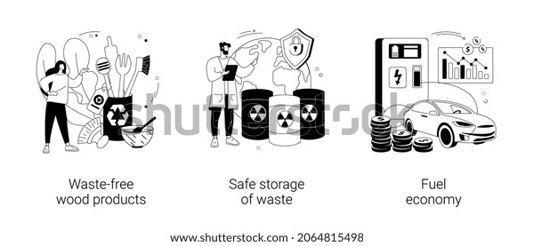 Green solutions abstract concept vector
illustration set. Waste-free wood products, safe storage of waste,
fuel economy, zero waste products, sorting and recycling, electric
car abstract metaphor.