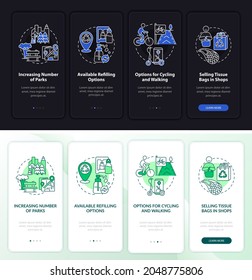 Green solutions onboarding mobile app page screen. Recyclable products walkthrough 4 steps graphic instructions with concepts. UI, UX, GUI vector template with linear night and day mode illustrations