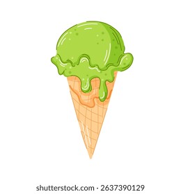 Green sorbet cone with creamy texture dripping down the waffle cone in cartoon style. Fruity dessert ideal for summer food logo and menu restaurant design.