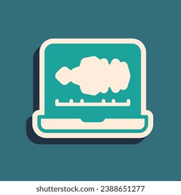 Green Sound or audio recorder or editor software on laptop icon isolated on green background. Long shadow style. Vector