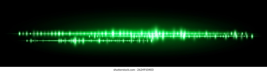 Visualização de som verde com linhas de amplitude com brilho rico e reflexão de luz suave, ótimo para entrada de assistente inteligente ou interface de usuário de controle de música.