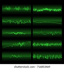 Green Sound Waves Set. Screen of Equalizer. Musical Vibration Graph. Radio Wave Amplitude