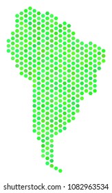 Green South America map. Vector honeycomb territory map drawn with fresh green color hues. Abstract South America map composition is formed of hexagon elements.