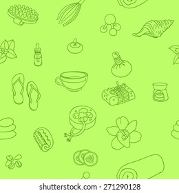 Green SPA doodle hand drawn pattern. Massage, wellness and spa Seamless vector background. Seamless pattern can be used for wallpaper, pattern fills, web page background, surface textures.