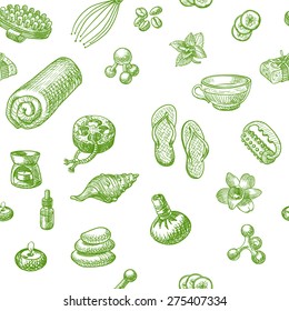 Green SPA doodle hand drawn pattern. Massage, wellness and spa Seamless vector background. Seamless pattern can be used for wallpaper, pattern fills, web page background, surface textures.