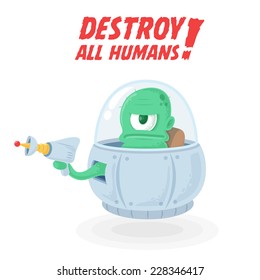 Green Space Alien in UFO with Plasma Gun Blaster wants to destroy all Humans isolated on white vector