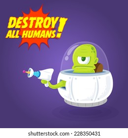 Green Space Alien in UFO with Plasma Gun wants to destroy all Humans Vector Comic Illustration 