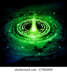 Green space background of Saturn rings with stream of light in centre