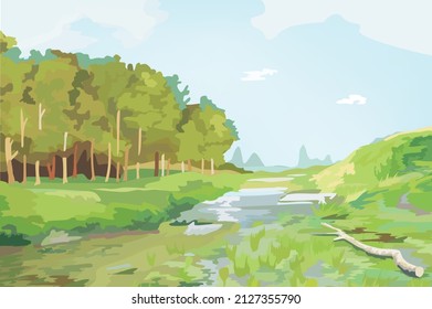 Green space : a beautiful green field and small forest in the summer day