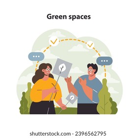 Green spaces concept. Enthusiastic couple promoting eco initiatives, holding signs with plant motifs amidst nature. Advocacy, community involvement. Flat vector illustration