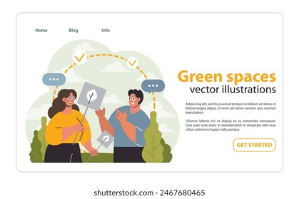 Green spaces concept. Enthusiastic couple promoting eco initiatives, holding signs with plant motifs amidst nature. Advocacy, community involvement. Flat vector illustration