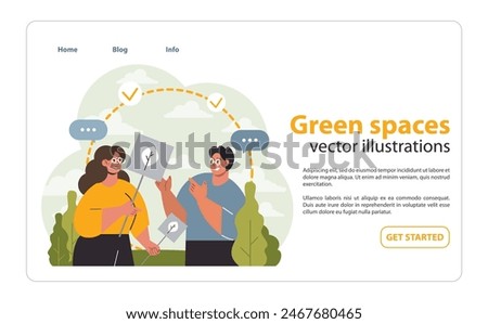 Green spaces concept. Enthusiastic couple promoting eco initiatives, holding signs with plant motifs amidst nature. Advocacy, community involvement. Flat vector illustration