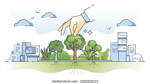 Green spaces in urban environment with tree city park area outline concept. Nature friendly vegetation in ecological and modern town for fresh air vector illustration. Beautiful and lush landscape.