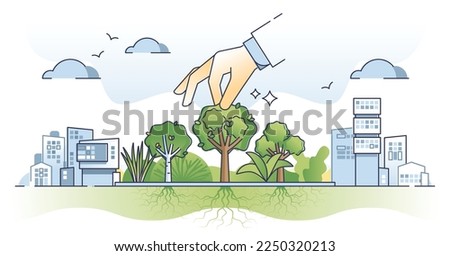 Green spaces in urban environment with tree city park area outline concept. Nature friendly vegetation in ecological and modern town for fresh air vector illustration. Beautiful and lush landscape.