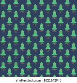 Green spaceships seamless vector pattern on navy blue. Simple surface print design for fabrics, stationery, children textiles, scrapbook paper, gift wrap, and packaging.