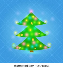 Green Sparkle Christmas Tree on Blue Background. New Year Invitation Card. Vector New Year Concept