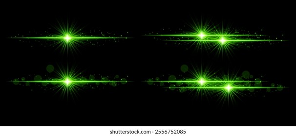 Green sparkle effect set. Radiant golden beams, glowing light bursts, glittering particles, shimmering streaks, and decorative highlights for elegant designs, festive themes, and luxurious accents