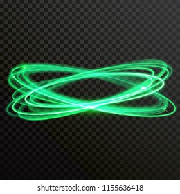 Círculos de luz verde brillante o giro giratorio con efecto de brillo. Vector abstracto traza brillante o rayo espiral del brillo del neón
