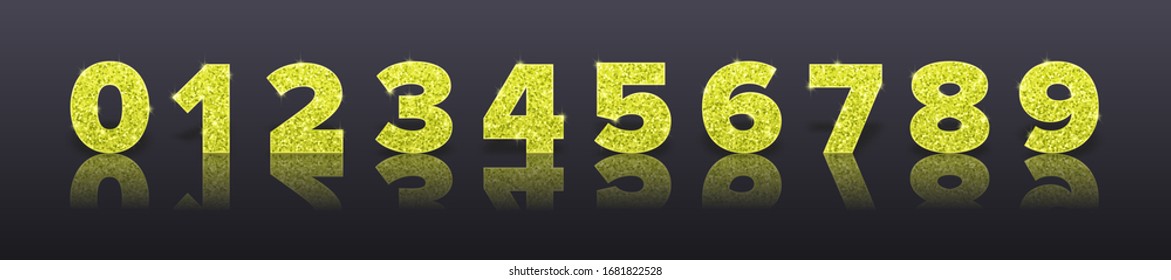 Green sparkle numbers with reflection and shadow in royal style on dark background for invitation card and sale banner. Holiday decoration. Vector isolated template.