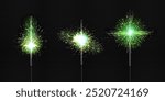 Green sparkler sticks set isolated on transparent background. Vector realistic illustration of bright burning firework lights, New Year, birthday, anniversary celebration party, magic festival glitter