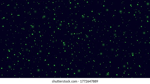 Green sparkles on a dark blue background, fireflies flying in the night. Abstract lightning bugs in the evening sky. Glowing stardust light effect. Vector backdrop.