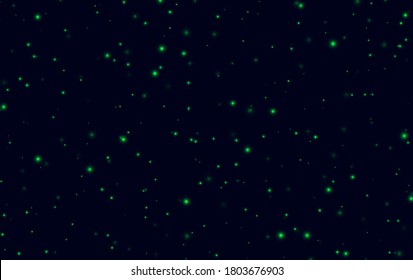 Green sparkles on a dark blue background, fireflies flying in the night. Abstract lightning bugs in the evening sky. Glowing stardust light effect. Vector backdrop.