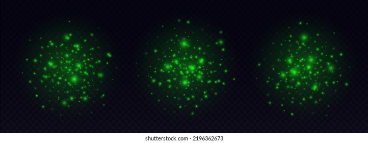 Green sparkles, shiny particles light effect, bright glowing stars, cosmic starburst, fairy stardust isolated on black. Vector illustration.