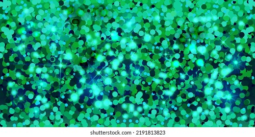 Fondo verde brillante de partículas brillantes y estrellas. Una textura brillante y brillante. Patrón sin foco.