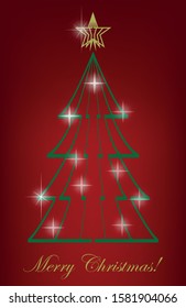 Green sparkling Christmas tree, vector illustration with red background