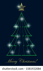 Green sparkling Christmas tree, vector illustration with blue background