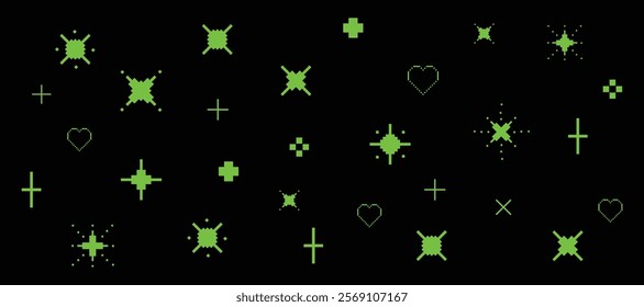 Green sparkling elements of Y2K stars. Glittering pixel art. Hearts. 90's aesthetic mood. 8-bit editable vector illustration. Game abstract on black background.