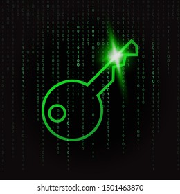 green sparkling key on a background of green binary code Matrix vector illustration. Concept, blockchain symbol, internet security, privacy, identity, security of personal data