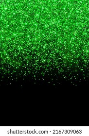 Green sparkling scattering glitter on black background vertical flyer. Vector