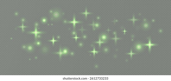 Green sparkling stars, shiny particles light effect, transparent flying stardust texture