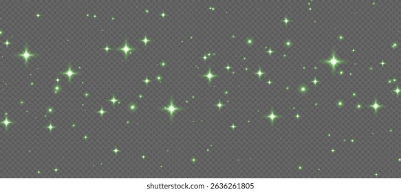Green sparkling stars, shiny particles light effect, transparent flying stardust texture