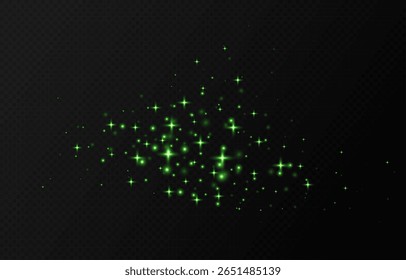Green sparkling stars, shiny particles light effect, transparent flying stardust texture