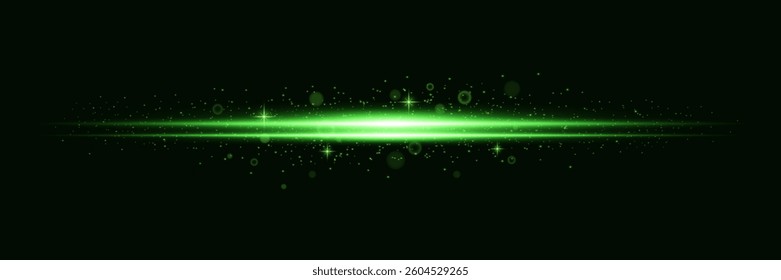 Green sparks and lines. Neon rays. Horizontal light. Christmas shimmering bright background.