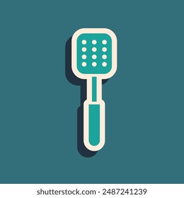 Green Spatula icon isolated on green background. Kitchen spatula icon. BBQ spatula sign. Barbecue and grill tool. Long shadow style. Vector Illustration