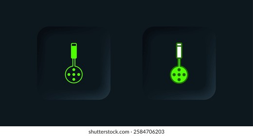 Green Spatula icon isolated on black background. Kitchen spatula icon. BBQ spatula sign. Barbecue and grill tool. Black square button. Vector