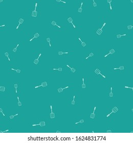 Green Spatula icon isolated seamless pattern on green background. Kitchen spatula icon. BBQ spatula sign. Barbecue and grill tool.  Vector Illustration