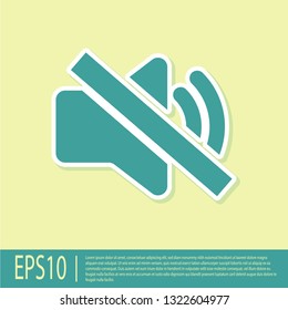 Green Speaker mute icon isolated on yellow background. No sound icon. Volume Off symbol. Flat design. Vector Illustration