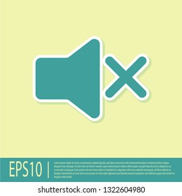 Green Speaker mute icon isolated on yellow background. No sound icon. Volume Off symbol. Flat design. Vector Illustration