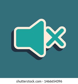 Green Speaker mute icon isolated on blue background. No sound icon. Volume Off symbol. Long shadow style. Vector Illustration