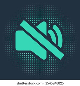 Green Speaker mute icon isolated on blue background. No sound icon. Volume Off symbol. Abstract circle random dots. Vector Illustration